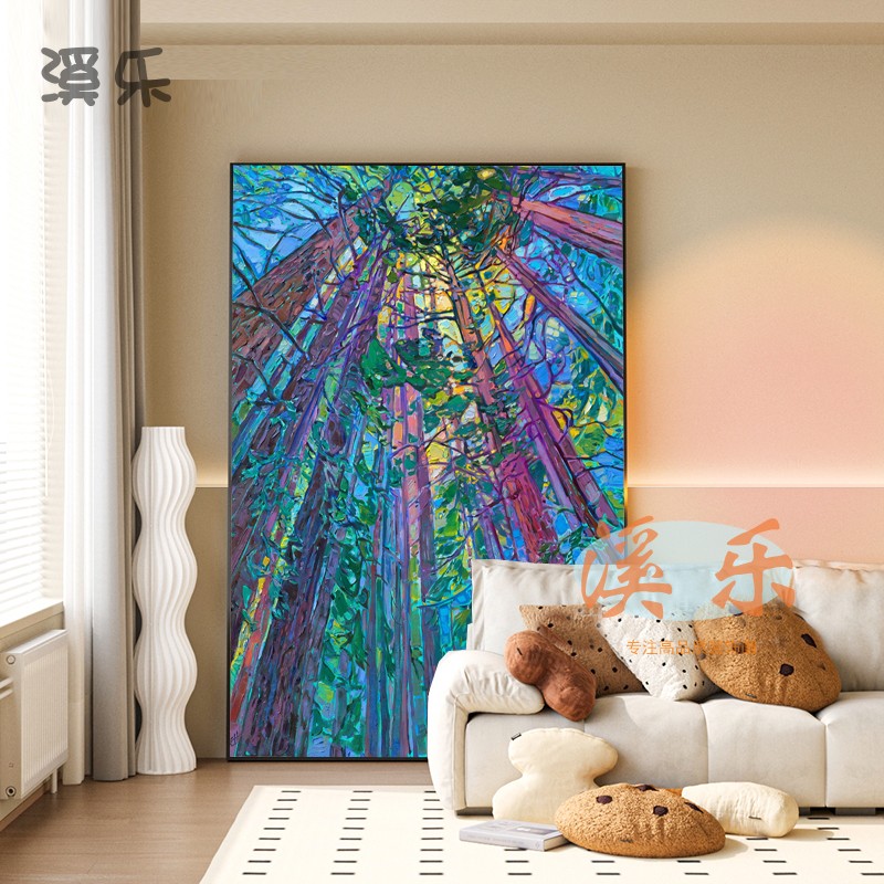 溪乐柏树树林湖泊l装饰画客厅餐厅卧室挂画多巴胺蓝粉色北欧简约图片
