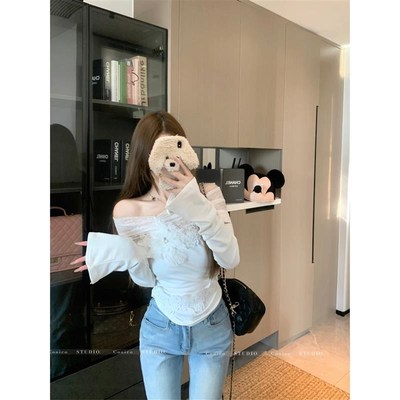 丫头家潮流女装~一字肩网纱上衣刺绣I长袖T恤拼接内搭打底衫