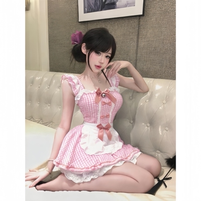 粉色甜美格纹纯欲女仆睡裙