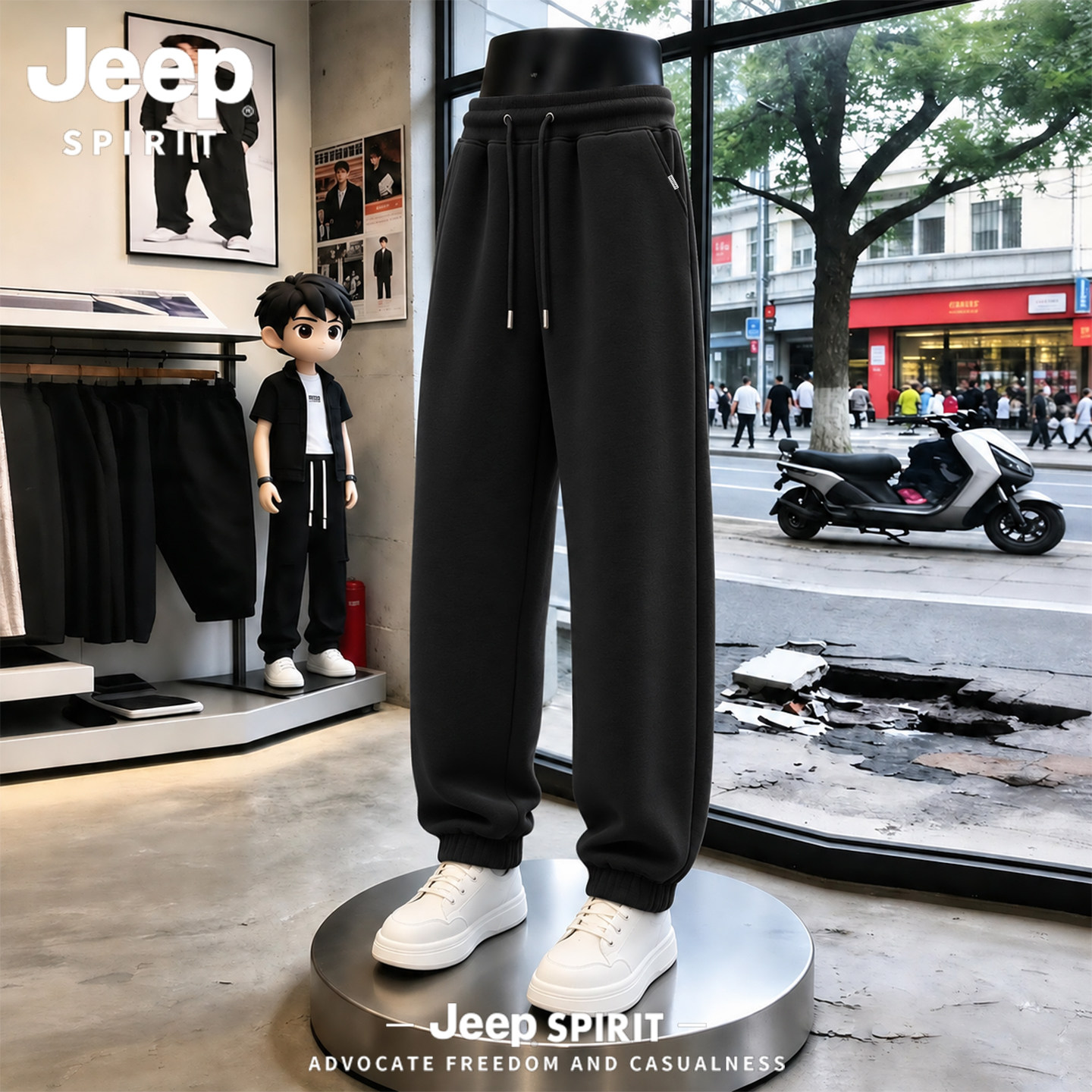 Jeep吉普加绒加厚束脚裤子男士冬季羊羔绒保暖外穿棉裤运动卫裤L