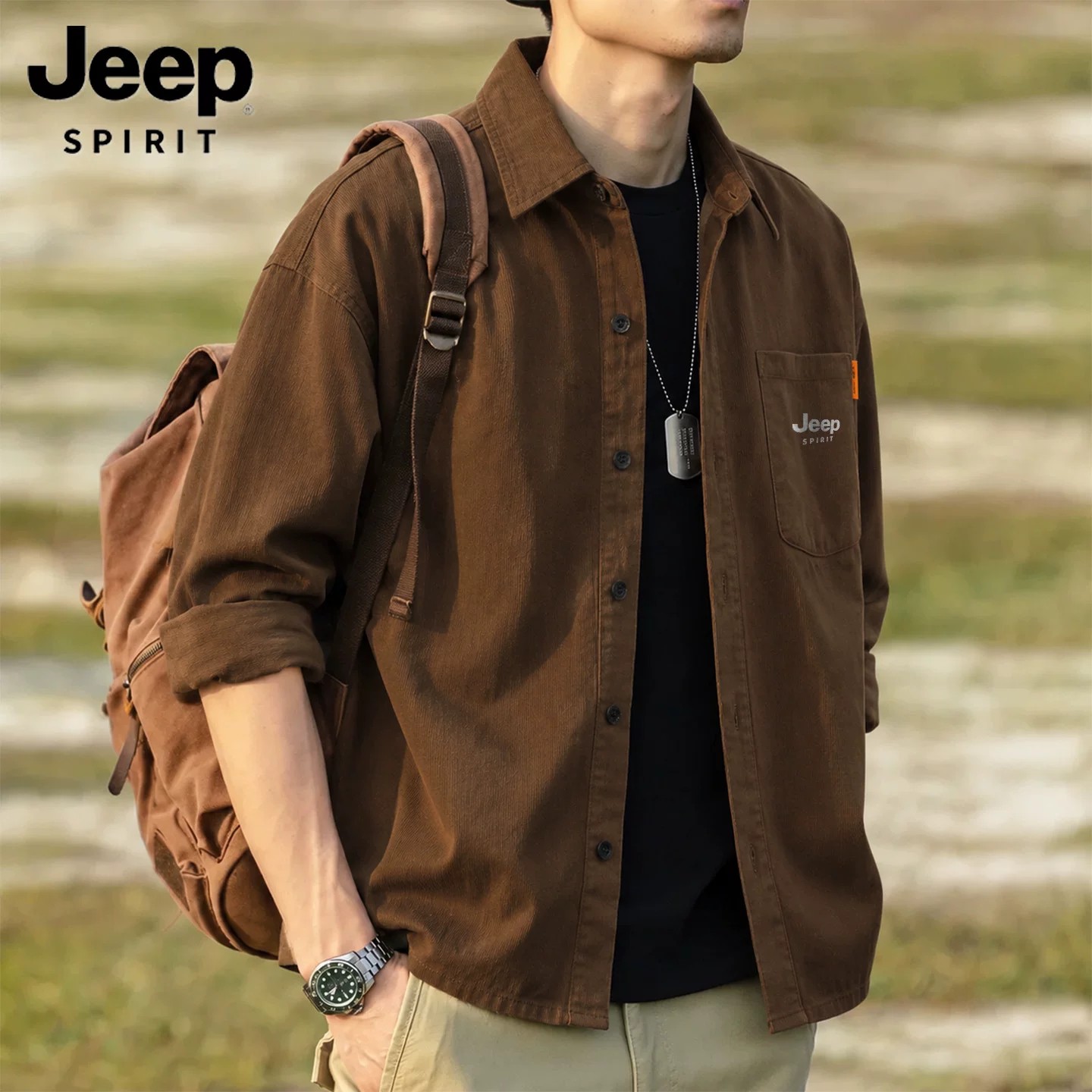 Jeep美式灯芯绒长袖工装衬衫外套男款秋冬宽松休闲加绒加厚衬衣L