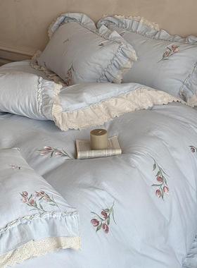 法式全皱皱纱四件套浪漫花卉棉刺绣被套柔透软双CW110523层纱床气