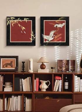 中古风红色法式中国风竹子鹤新中式客厅装饰画挂画卧室床头画餐厅