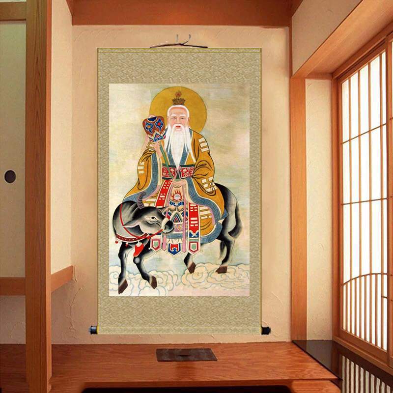 老子骑牛太上老君挂画太清道德天尊绢布卷轴画中式客厅玄关装饰画图片