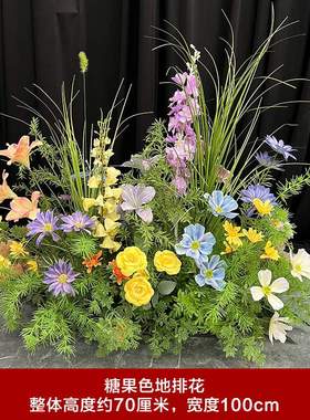 玫粉红色系婚庆大款地排花成品花排T台路引婚礼花艺蓝色仿真花艺