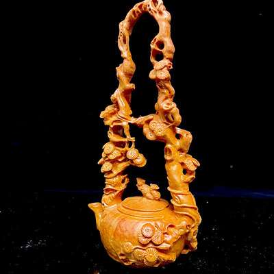 式崖柏木雕黄杨木中古架摆件手把件提梁壶艺品博HBB手把件茶壶工