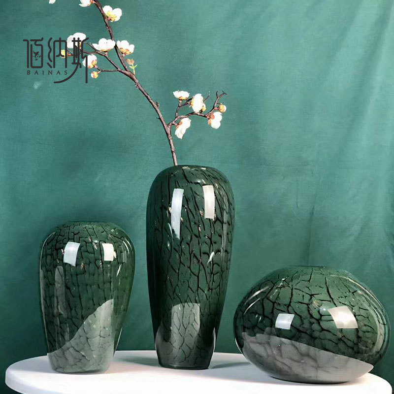 北欧现代简约绿色玻璃花瓶客厅电视柜样板房软装饰品酒店大堂摆件