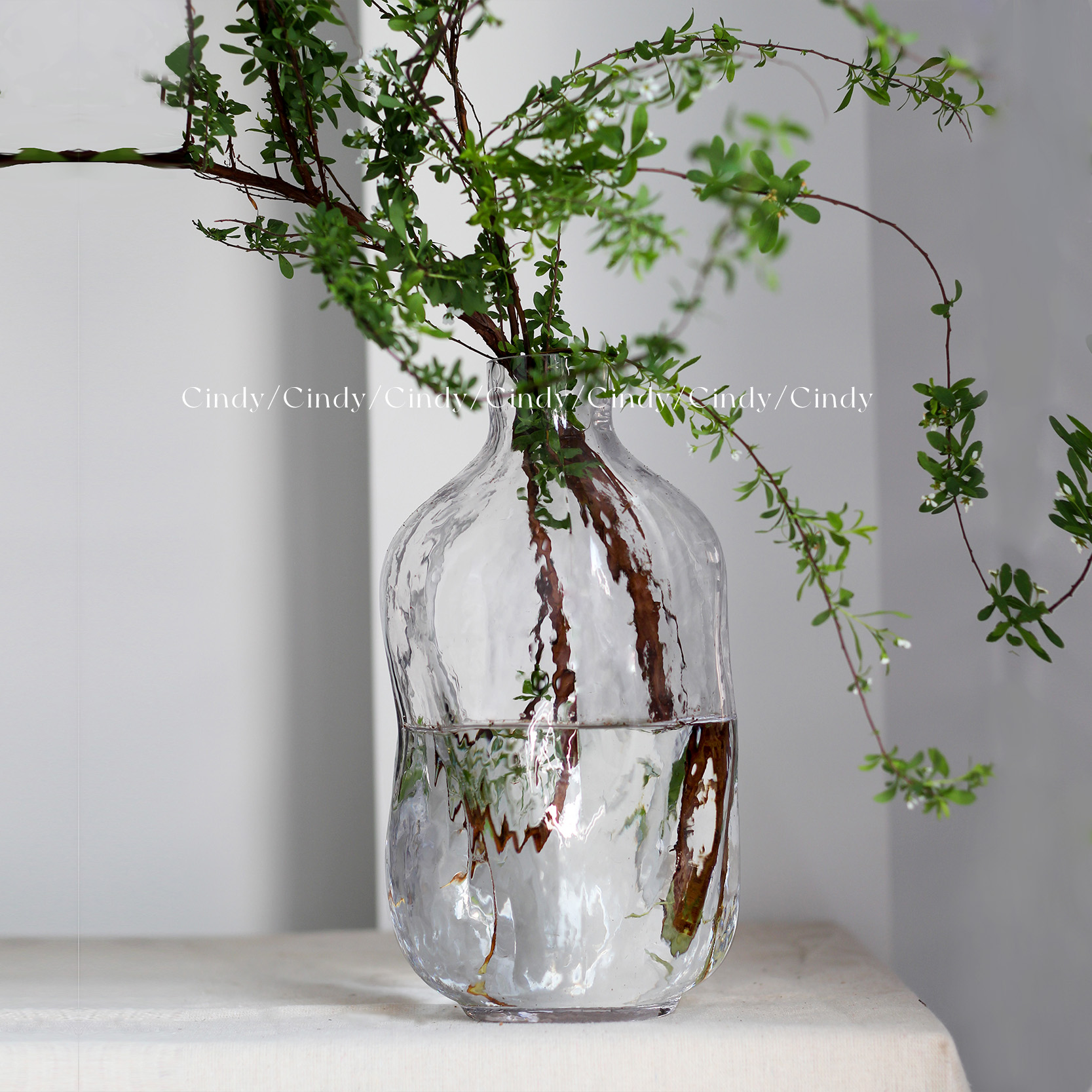 北欧简约自然形态侘寂风马醉木水波纹不规则玻璃小口落地花瓶