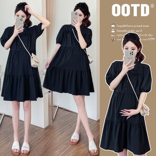 夏季 套装 连衣裙2025新款 小个子孕期穿搭夏季 黑色娃娃裙短袖 孕妇装