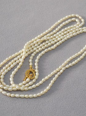 法式淡水米粒珍珠温柔高贵温婉气质简约OT扣叠带毛衣链长款项链女