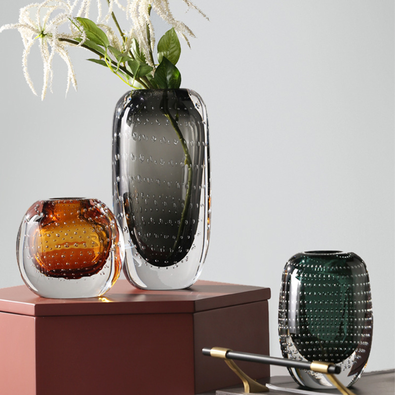 现代简约透明玻璃气泡花瓶创意极简客厅样板房软装摆件艺术插花器