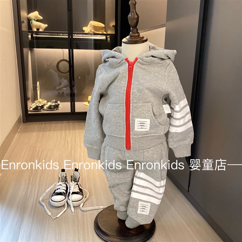 秋季男童套d装TB运动风休闲潮牌分体两件套纯棉连帽开衫春婴儿衣