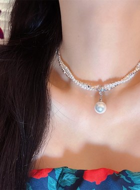 轻奢小众设计感双层叠戴碎银子麻花珍珠项链 复古气质爆款锁骨链