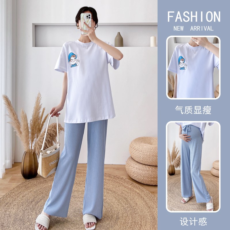 小个子孕妇八分裤套装202u3新款夏天休闲薄款九分阔腿裤t恤两件套