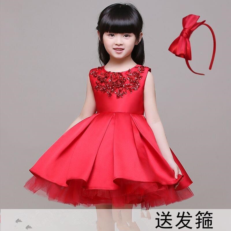 儿童公主裙礼服蓬蓬裙红色连衣y裙钢琴演出服女童纱裙表演服合唱