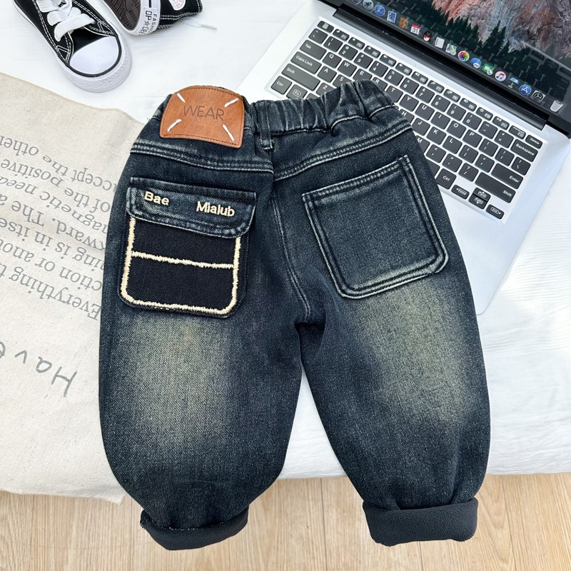 男童冬季一体绒裤子202t3儿童休闲薄绒软牛仔裤男孩秋冬加绒长裤