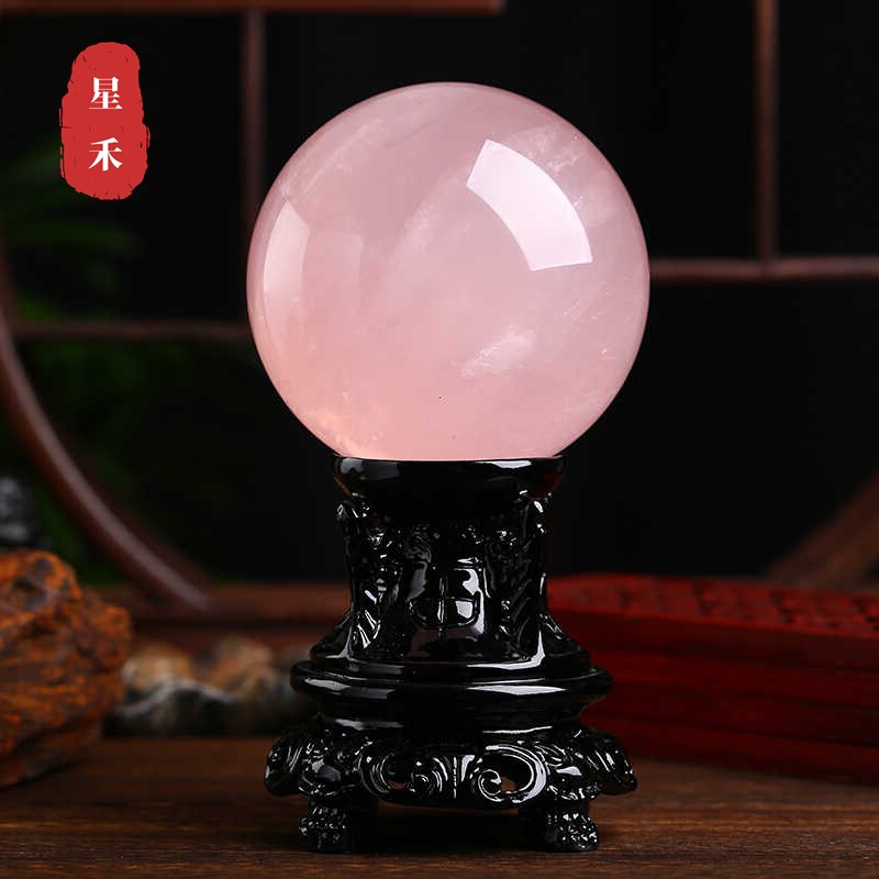 星禾粉水晶球摆件天然原石打磨客厅卧室爱情石装饰高档粉冰种礼品