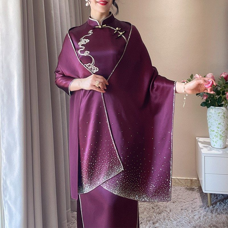 高端婚礼妈妈婚宴旗袍披肩女外搭喜婆婆配晚礼服结婚薄款夏紫红色