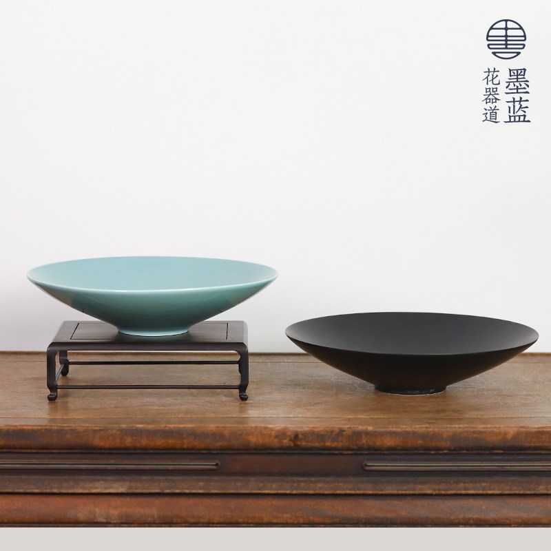 墨黑斗笠圆盘简约陶瓷花盆墨蓝花器中式花道插花水盘客厅摆件装饰