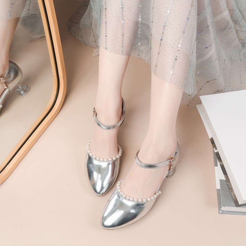 中学生2025夏季百搭高跟鞋女孩钢琴主持宴会公主鞋女童金色细跟鞋