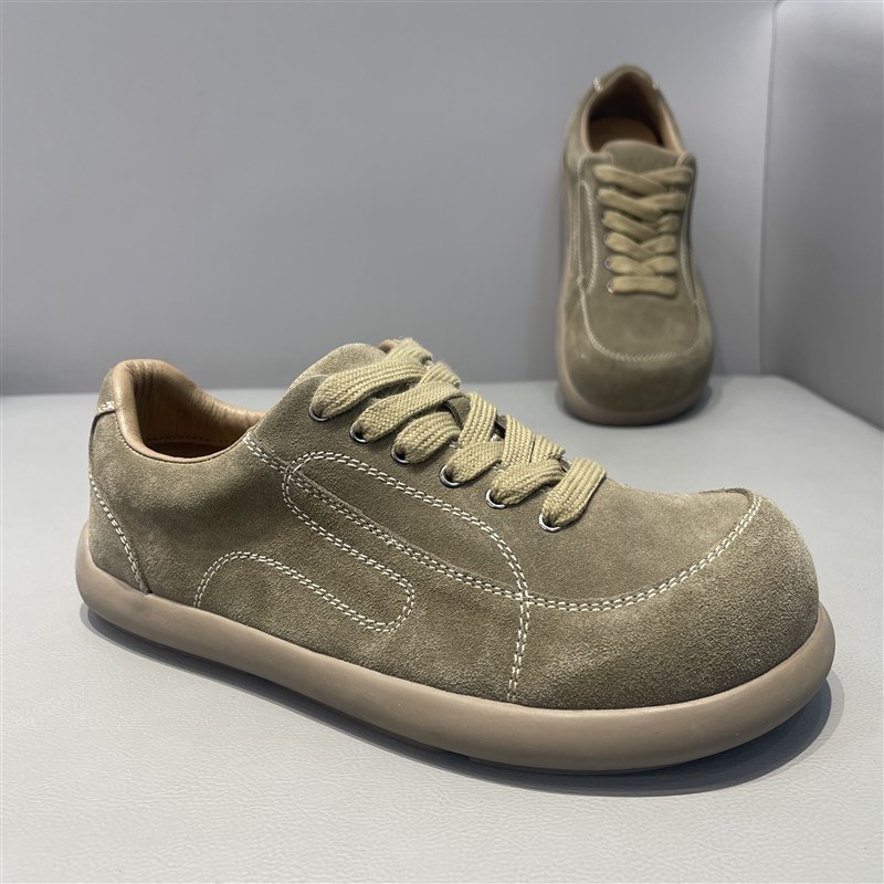 外贸男鞋磨砂真皮方头低帮休闲鞋2024秋冬季丑萌憨憨系带小丑鞋子