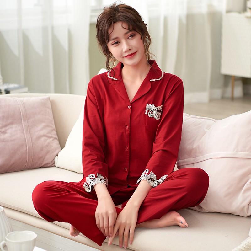 纯棉红色睡衣女春秋长袖加大码本命年大红结婚2021年新款家居服冬