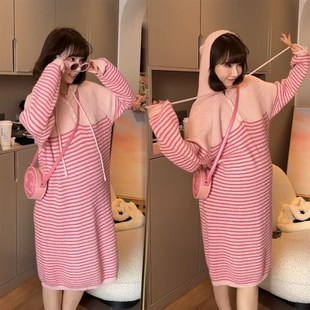 条纹连帽中长版 时尚 针织毛衣裙秋冬外穿Z宽松百搭女 秋装 孕妇洋装