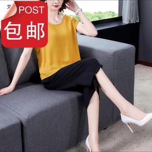 棉绸睡衣女夏季 可出门休闲外 i宽松大码 绵绸两件套妈妈家i居服套装