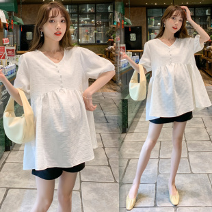 遮肚子套装 jv领娃娃衫 夏款 宽松短裤 两件 孕妇上衣夏装 X子夏季 时尚