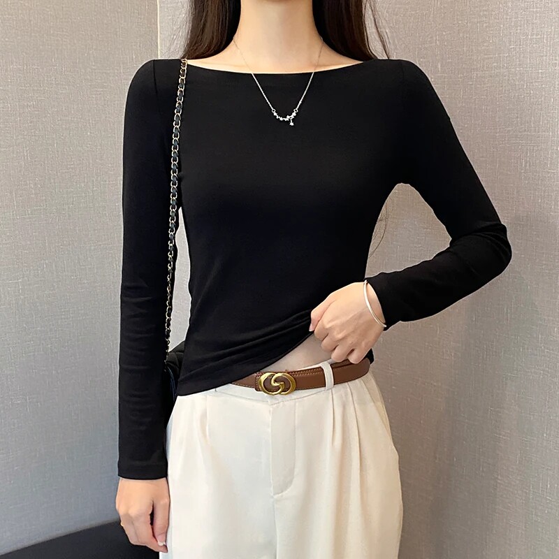 黑色一字肩长袖t恤女2026春秋修身打底衫洋气显瘦露肩内搭上衣潮