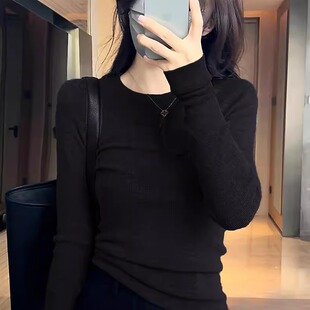 法式修身秋冬新款羊毛圆领打底衫女修身内搭正肩套头针织低领毛衣