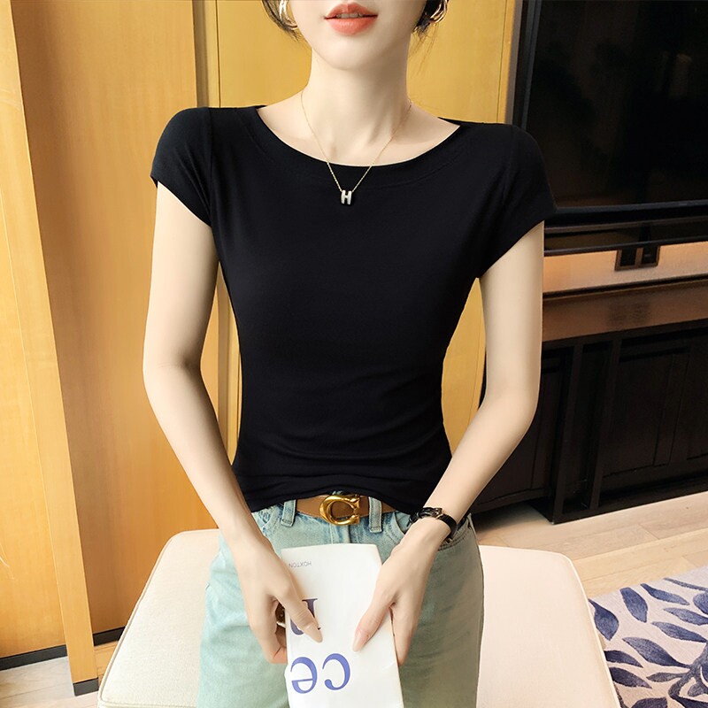 显瘦气质上衣一字肩短袖T恤女