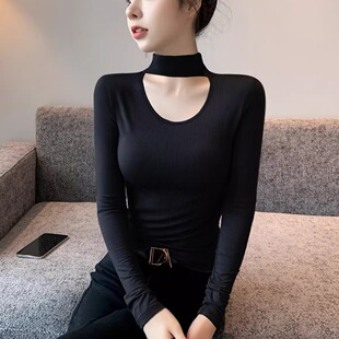 黑色莫代尔半高领打底衫女2025新款长袖t恤修身内搭镂空秋冬上衣