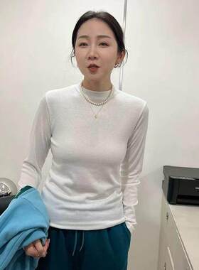白色半高领打底衫女2025秋冬款高级感百搭小立领T恤洋气薄绒内搭