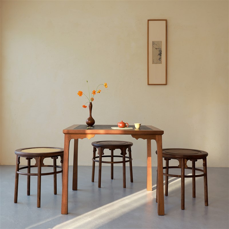 宫乐方桌 黑胡桃木火烧石面餐桌 唐物家具矮茶桌玄关边桌