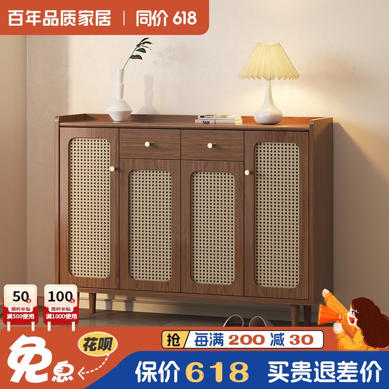 藤编鞋柜家用门口楼道外s实木入户玄关柜一体复古收纳柜阳台储物