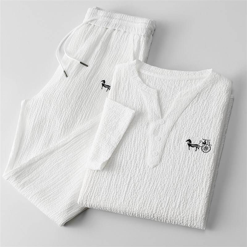 时尚中国风亚麻套装男士夏季薄款轻奢v领刺绣短袖运动休闲两件套