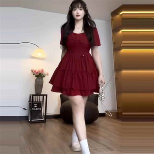 微胖纯欲连衣裙女夏季 大码 胖mm显瘦方领复古赫本风U绝美小个子裙