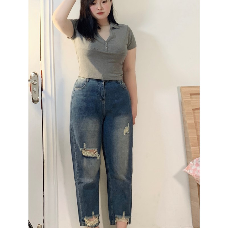 2-300斤胖mm松紧腰牛仔裤女辣妹梨型身材破洞宽松百搭哈伦九分裤