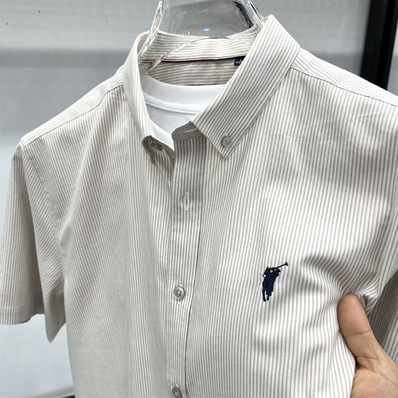 2025新款纯棉短袖百搭衬衫男士细条纹夏季新款刺绣小马标衬衣潮流