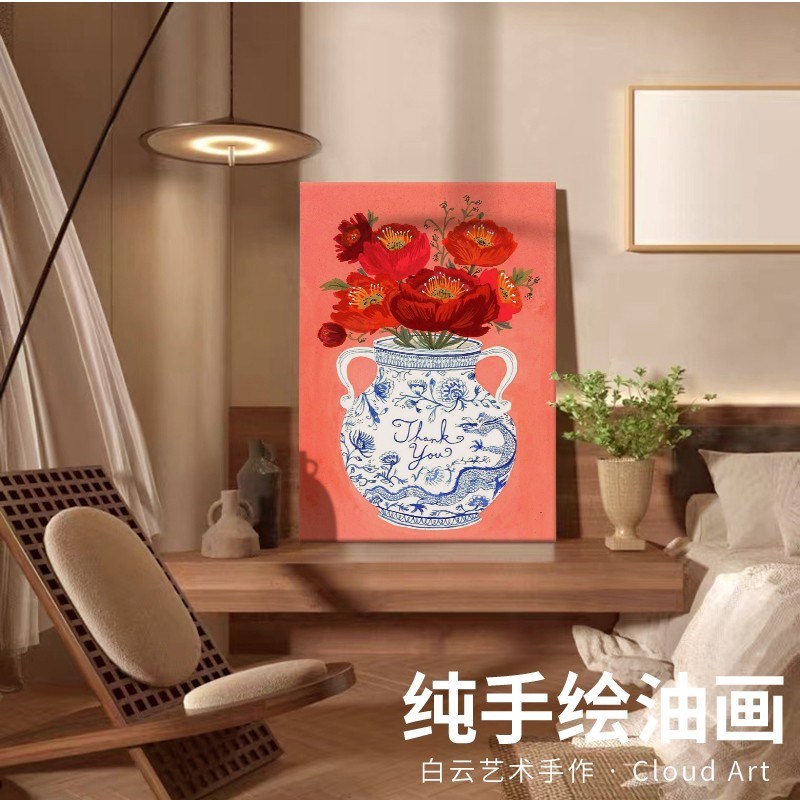 装置画艺术红色花朵客厅q餐厅墙面软装饰品青花瓷花瓶玄关落地摆图片
