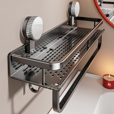 吸盘毛巾架卫生间免打孔浴室置物架洗澡间一体挂杆厕所收纳浴巾架