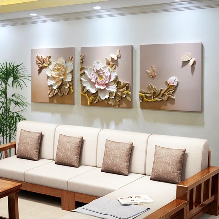 浮雕装饰画新中式无框简约三联挂画客厅沙发背景立体富贵牡丹墙画图片
