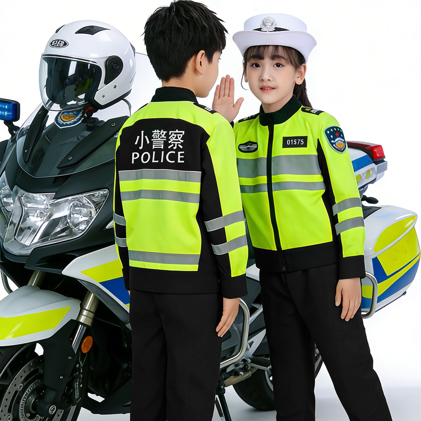 儿童小交警荧光绿演出服长袖套装运动会开幕式幼儿园扮演交通警察