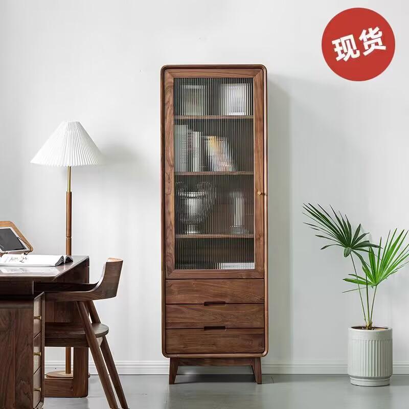 立柜储物柜黑胡桃玻璃门柜置物柜书架日式定制收纳实木全书柜