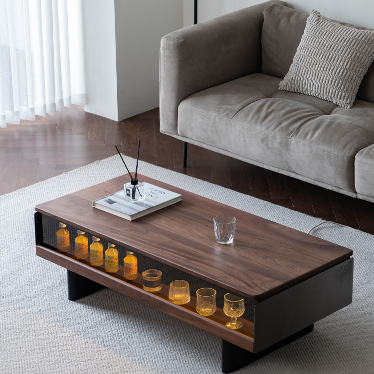 岩板家用胡桃木客厅长方形黑色实木茶几现代北欧中古小户型茶桌黑