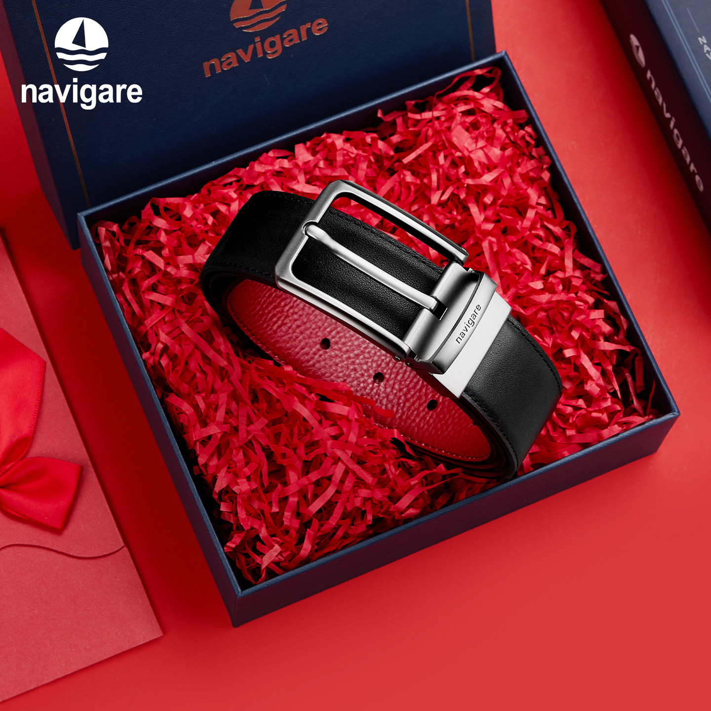 【本命年】Navigare意大利小帆船真皮腰带头层牛皮红色皮带男