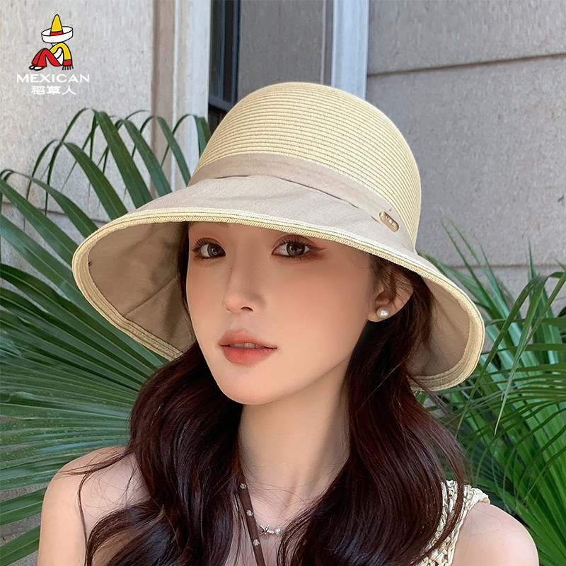 稻草人度假草帽女夏季遮阳帽大檐防晒透气遮阳帽百搭遮脸宽檐帽子