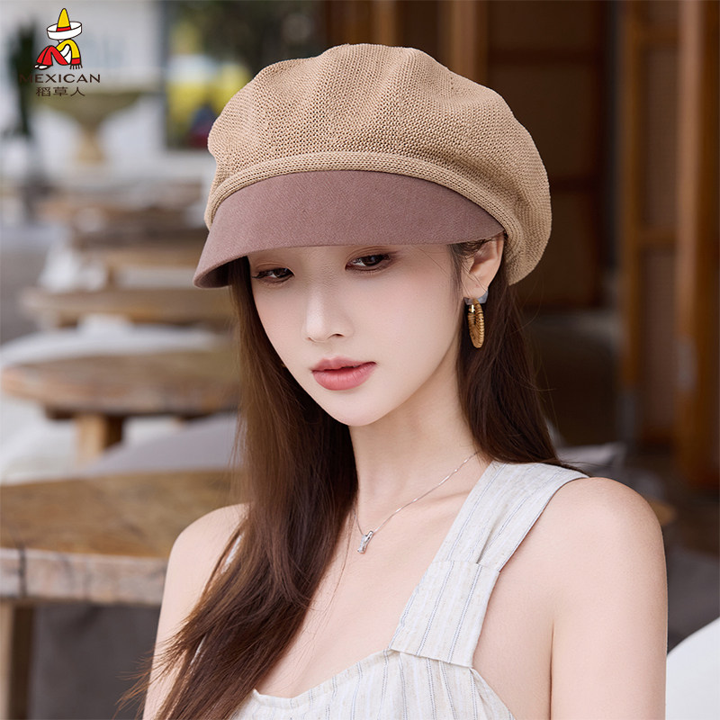 稻草人复古八角帽女韩版日系画家帽编织贝雷帽显脸小大头围帽子夏