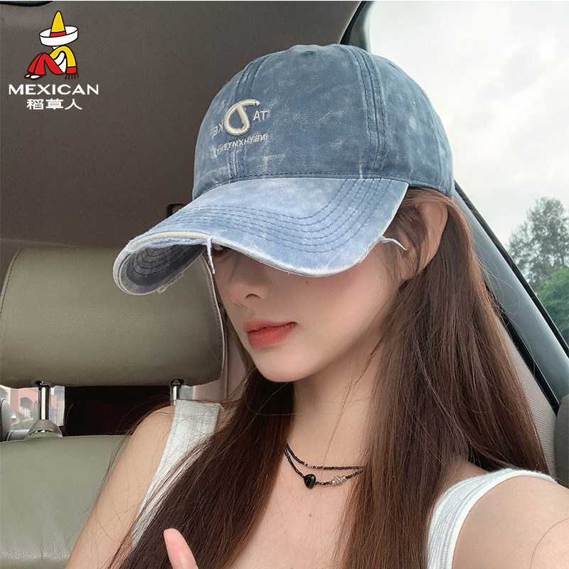 稻草人复古水洗牛仔棒球帽女春夏遮阳字母刺绣鸭舌帽休闲百搭帽子